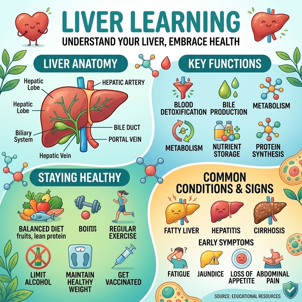 Learn the essentials of liver anatomy, its key metabolic functions, early signs of liver disease (Fatty Liver, Hepatitis), and practical tips to stay healthy.