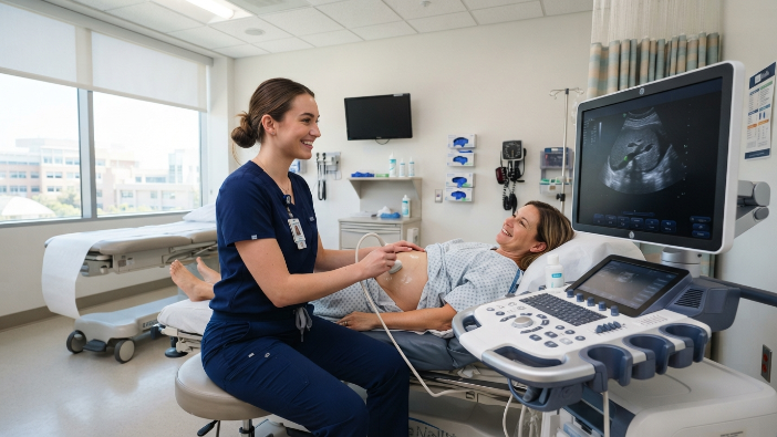 Entry-level ultrasound technician performing an abdominal ultrasound examination on a patient in a diagnostic imaging clinic.
