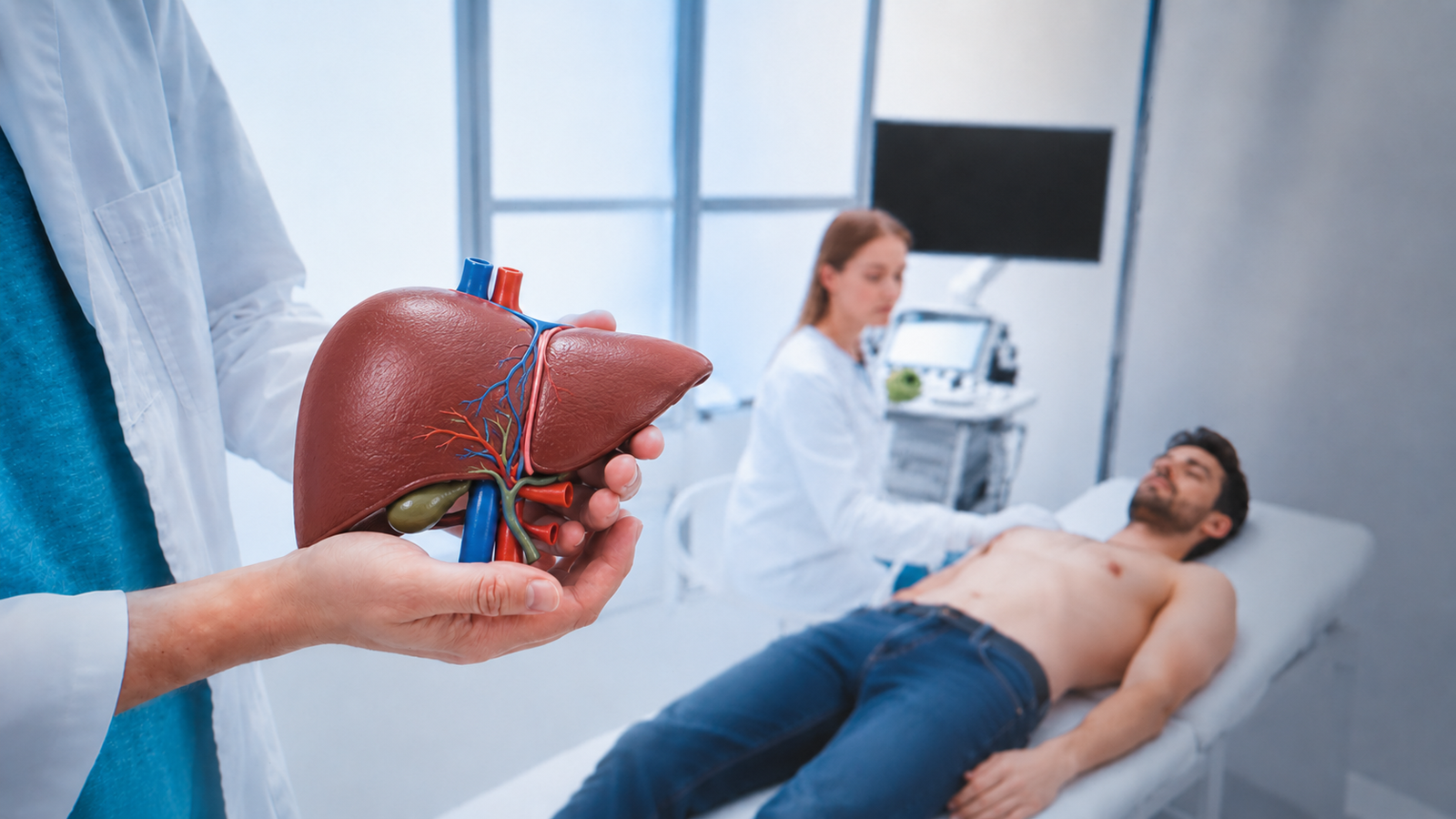 Sonographer performing a liver ultrasound to evaluate normal liver anatomy and hepatic structures