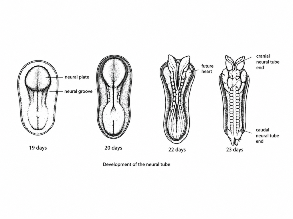 Neural tube development stages at 19, 20, 22 and 23 days showing neural plate, neural groove and tube closure.”