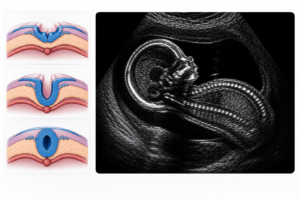 Medical illustration showing normal neural tube development stages alongside a first-trimester fetal ultrasound demonstrating an intact brain and spine.