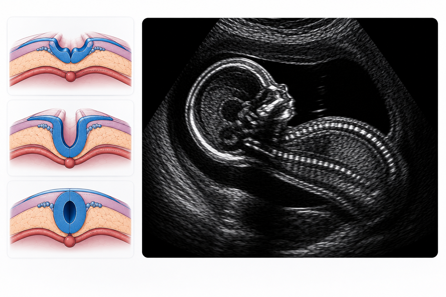 Medical illustration showing normal neural tube development stages alongside a first-trimester fetal ultrasound demonstrating an intact brain and spine.