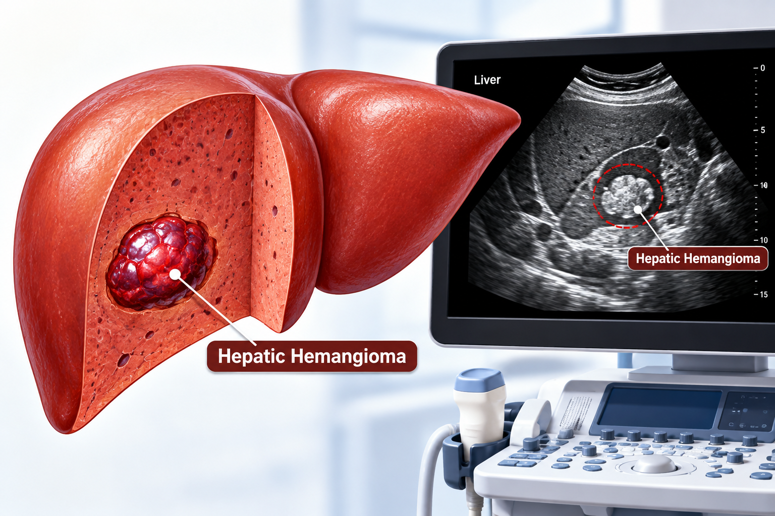 Liver hemangioma on ultrasound showing a well-defined hyperechoic lesion in the liver